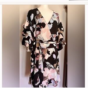 Bar III Black Floral Wrap Dress with Pink and Cream Accents